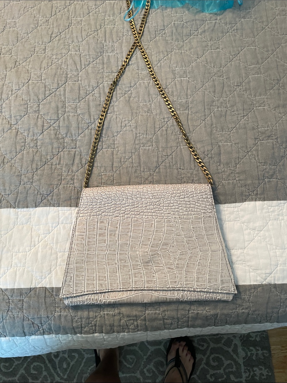 Croc-Embossed Chain Crossbody Bag in Light Beige